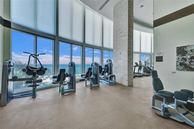 workout area with a towering ceiling and a water view