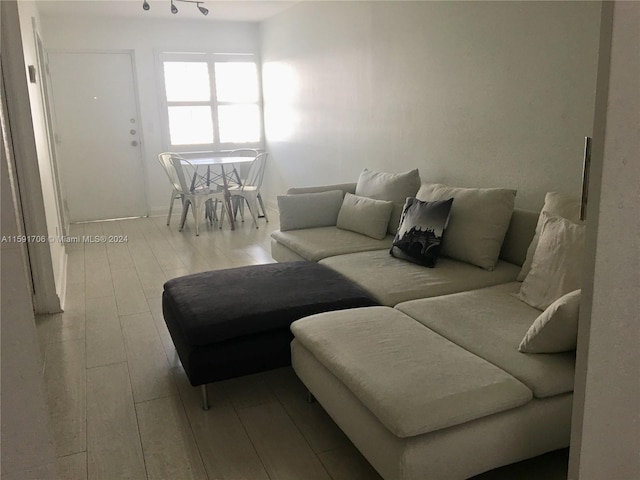 living room with hardwood / wood-style floors and rail lighting