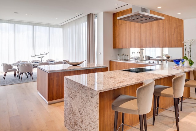 kitchen featuring light hardwood / wood-style floors, light stone countertops, kitchen peninsula, and island range hood