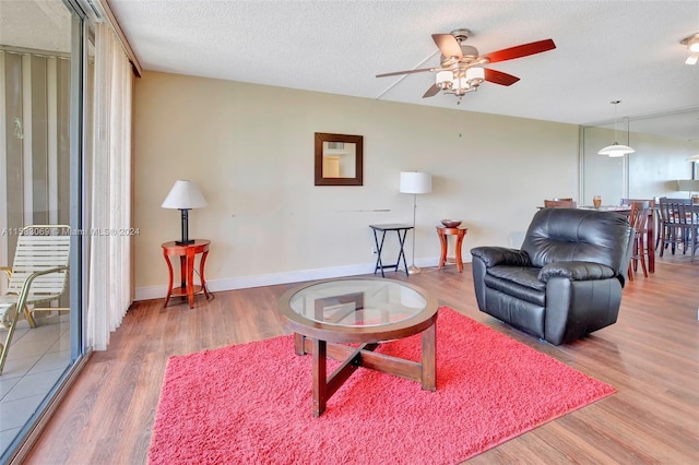 living area featuring a ceiling fan, wood finished floors, and a textured ceiling