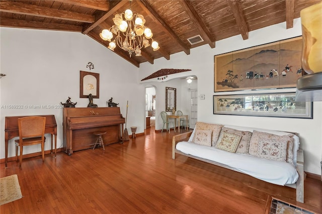 living room with beam ceiling, wood-type flooring, an inviting chandelier, high vaulted ceiling, and wooden ceiling