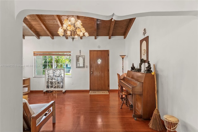 foyer entrance with a notable chandelier, wooden ceiling, lofted ceiling with beams, and hardwood / wood-style flooring