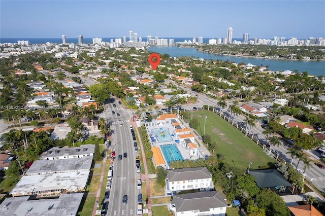 drone / aerial view featuring a water view