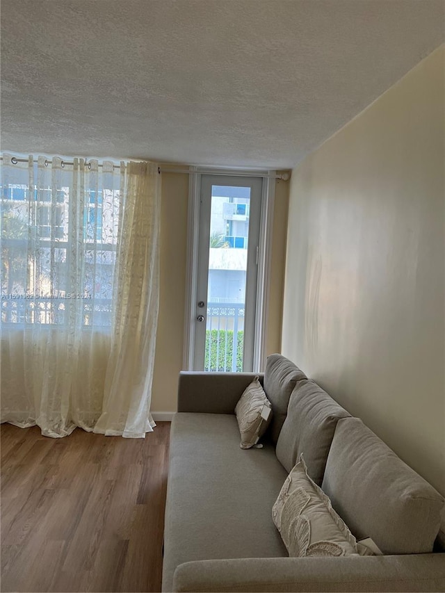 living room with a textured ceiling and hardwood / wood-style flooring