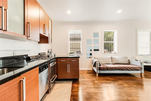 kitchen with wood-type flooring, stove, and dishwasher