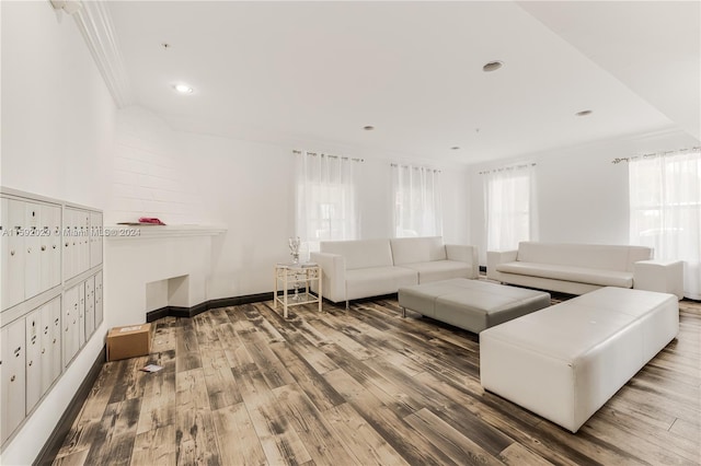 living room featuring mail boxes, ornamental molding, and wood-type flooring