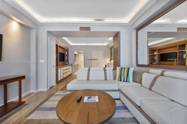 living room featuring a raised ceiling and light hardwood / wood-style flooring