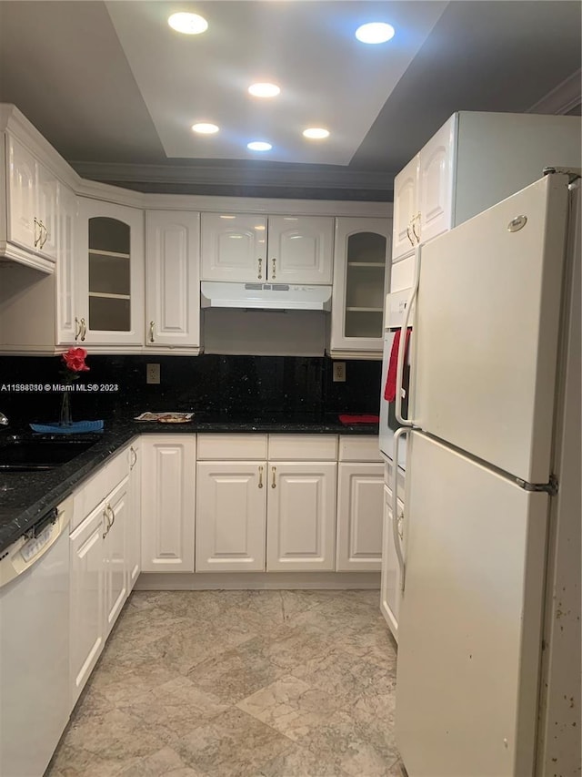 kitchen with backsplash, white cabinetry, sink, white appliances, and light tile floors