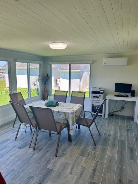 dining area with an AC wall unit, wooden ceiling, and hardwood / wood-style floors