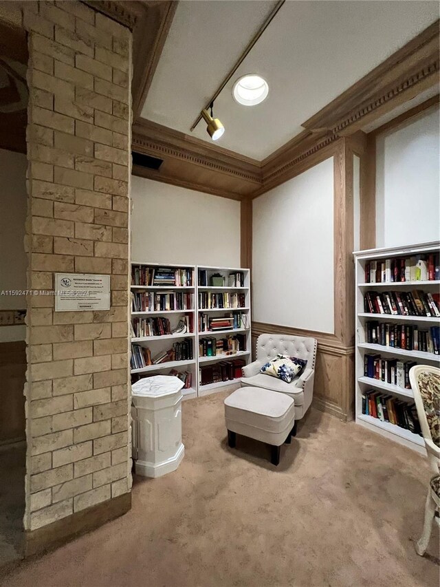 living area featuring brick wall, crown molding, track lighting, and carpet flooring