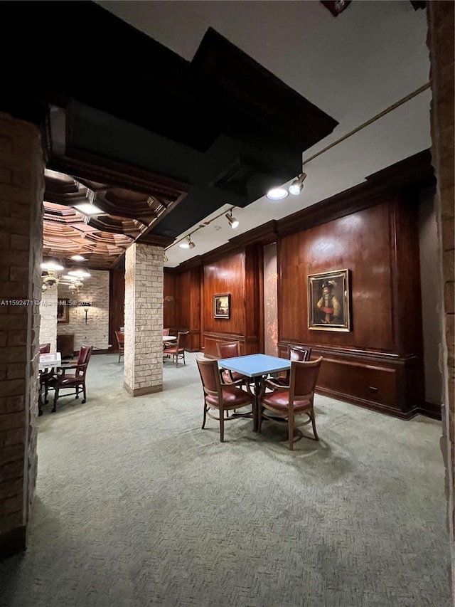 game room with carpet, wood walls, brick wall, and rail lighting