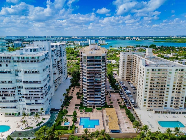 bird's eye view with a view of city and a water view