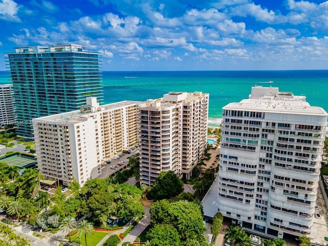 birds eye view of property with a water view and a city view