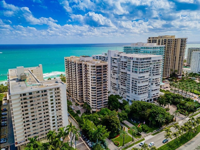 birds eye view of property with a water view and a view of city