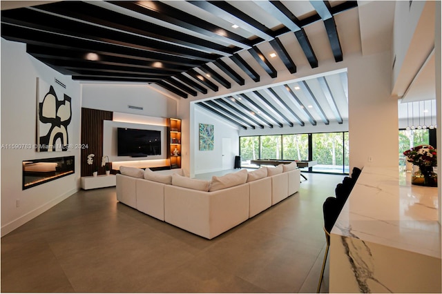 tiled living room featuring lofted ceiling with beams