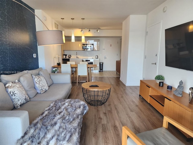 living room featuring light wood-type flooring and sink