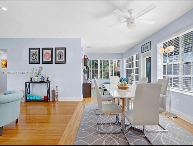 dining space featuring ceiling fan and wood-type flooring