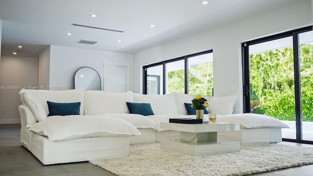 living room with dark hardwood / wood-style flooring