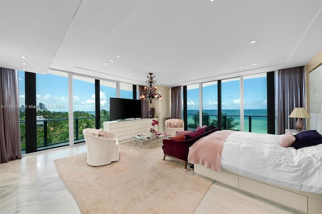 bedroom with light tile patterned flooring, access to outside, expansive windows, and an inviting chandelier