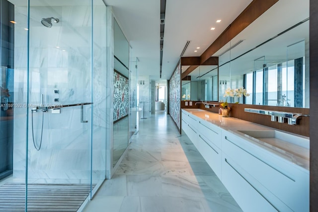 tiled living room featuring a water view, a wealth of natural light, and a wall of windows