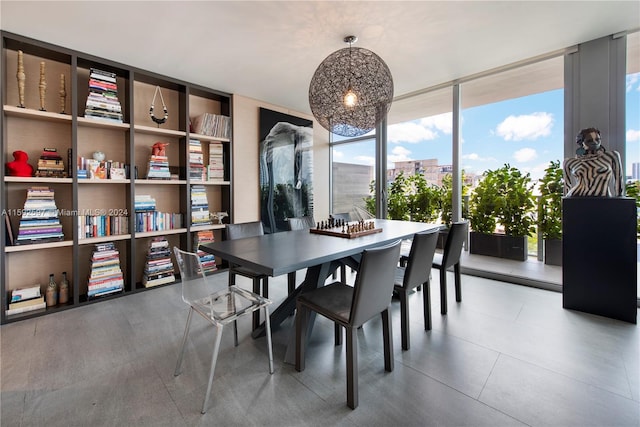 tiled dining area with floor to ceiling windows