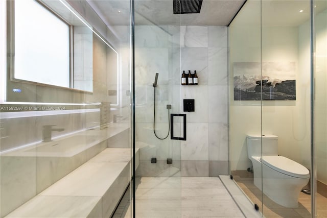 bathroom with walk in shower, tile flooring, and toilet