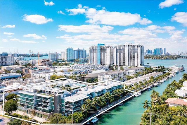 aerial view featuring a water view