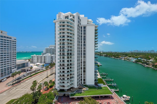 exterior space with a water view