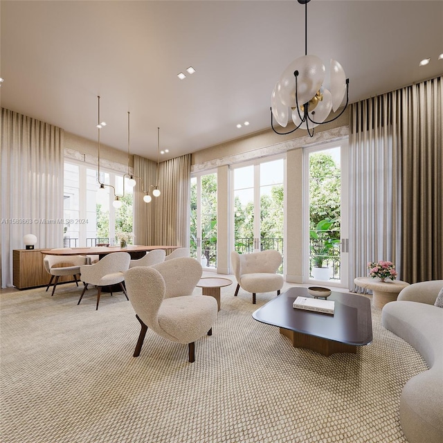 carpeted living room featuring an inviting chandelier