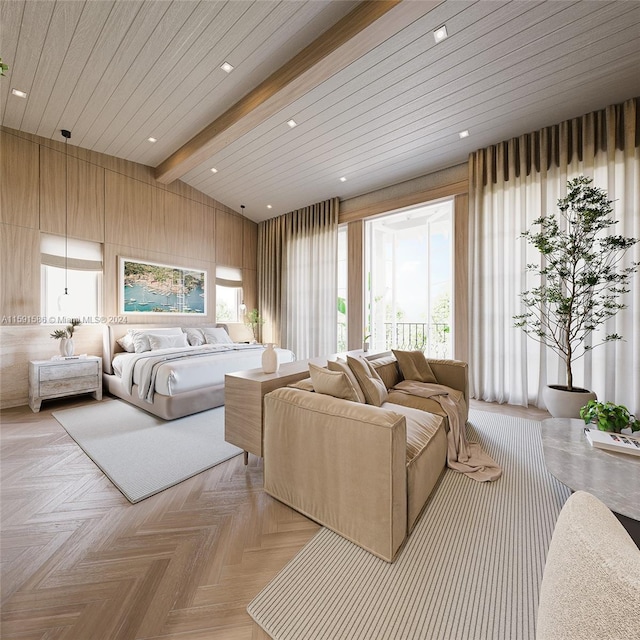 bedroom featuring vaulted ceiling with beams, access to exterior, wooden walls, and recessed lighting