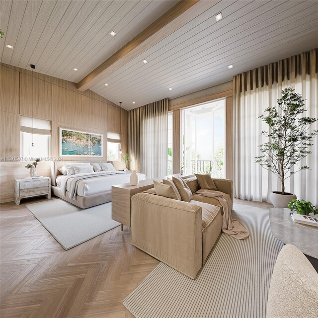 bedroom featuring light parquet flooring, beamed ceiling, and access to exterior