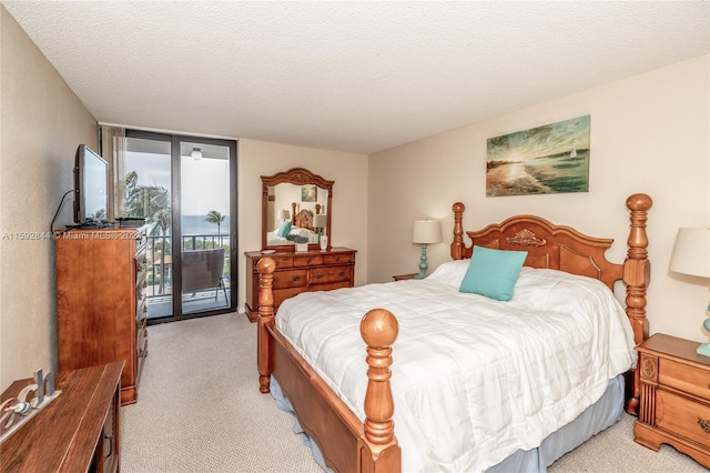 bedroom featuring access to exterior, a textured ceiling, and light colored carpet