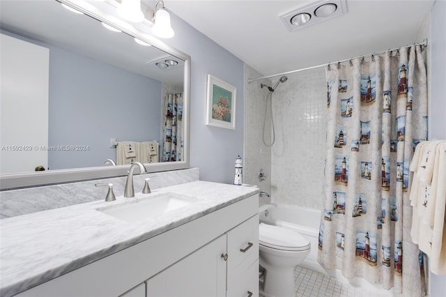 full bathroom with shower / bathtub combination with curtain, tile flooring, vanity, and toilet