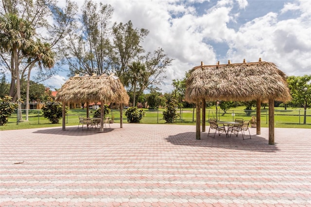 view of nearby features featuring a lawn and a gazebo