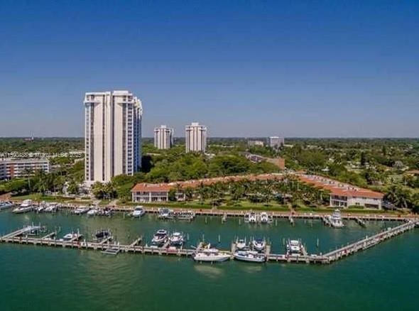 drone / aerial view featuring a water view and a view of city