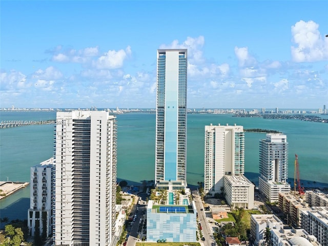 birds eye view of property with a water view