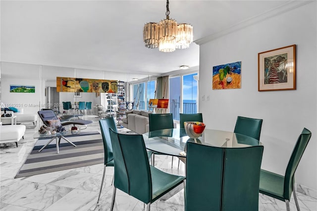 dining room with an inviting chandelier and ornamental molding