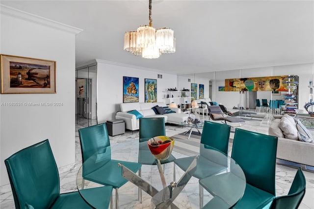 dining space with ornamental molding and an inviting chandelier