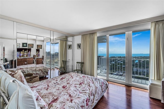 bedroom with access to exterior and dark hardwood / wood-style floors