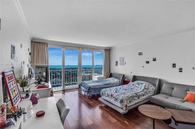 bedroom featuring floor to ceiling windows, crown molding, access to outside, and dark wood-type flooring