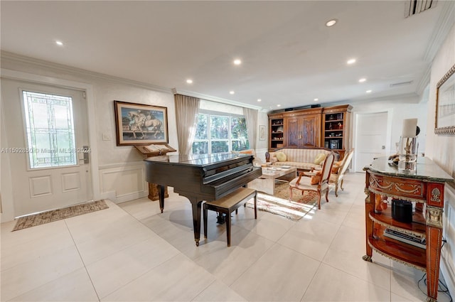 misc room featuring light tile patterned floors and crown molding