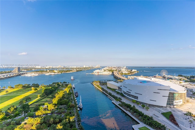 drone / aerial view featuring a water view