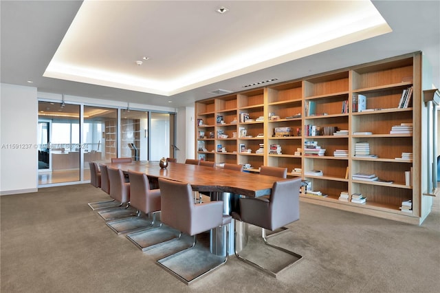 carpeted dining room featuring a raised ceiling