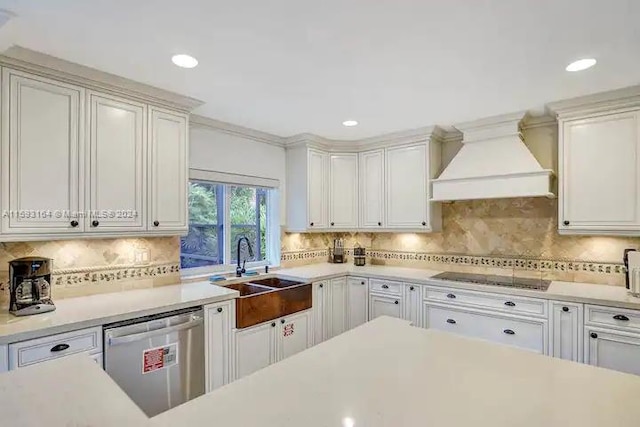 kitchen with black electric stovetop, premium range hood, sink, tasteful backsplash, and dishwasher