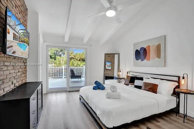 bedroom featuring lofted ceiling with beams, access to exterior, ceiling fan, and hardwood / wood-style floors