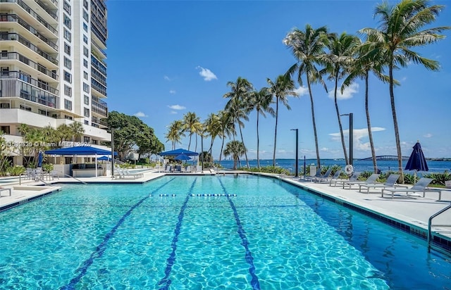 view of swimming pool featuring a patio