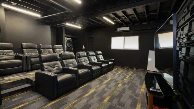 home theater featuring dark carpet