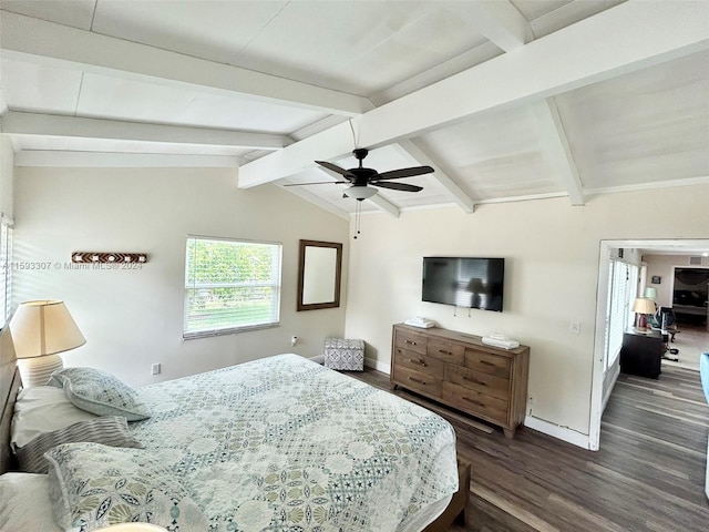 bedroom featuring dark hardwood / wood-style floors, vaulted ceiling with beams, and ceiling fan