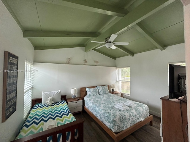 bedroom with ceiling fan, lofted ceiling with beams, and hardwood / wood-style floors