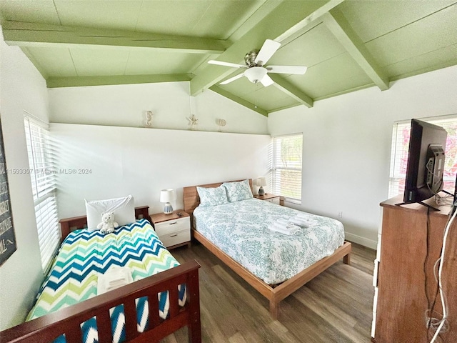 bedroom featuring vaulted ceiling with beams, wood-type flooring, and ceiling fan